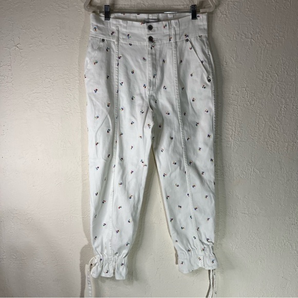 Something Navy Sylvia High Waisted Floral Embroidered Tie Ankle Jeans in White - Picture 3 of 12